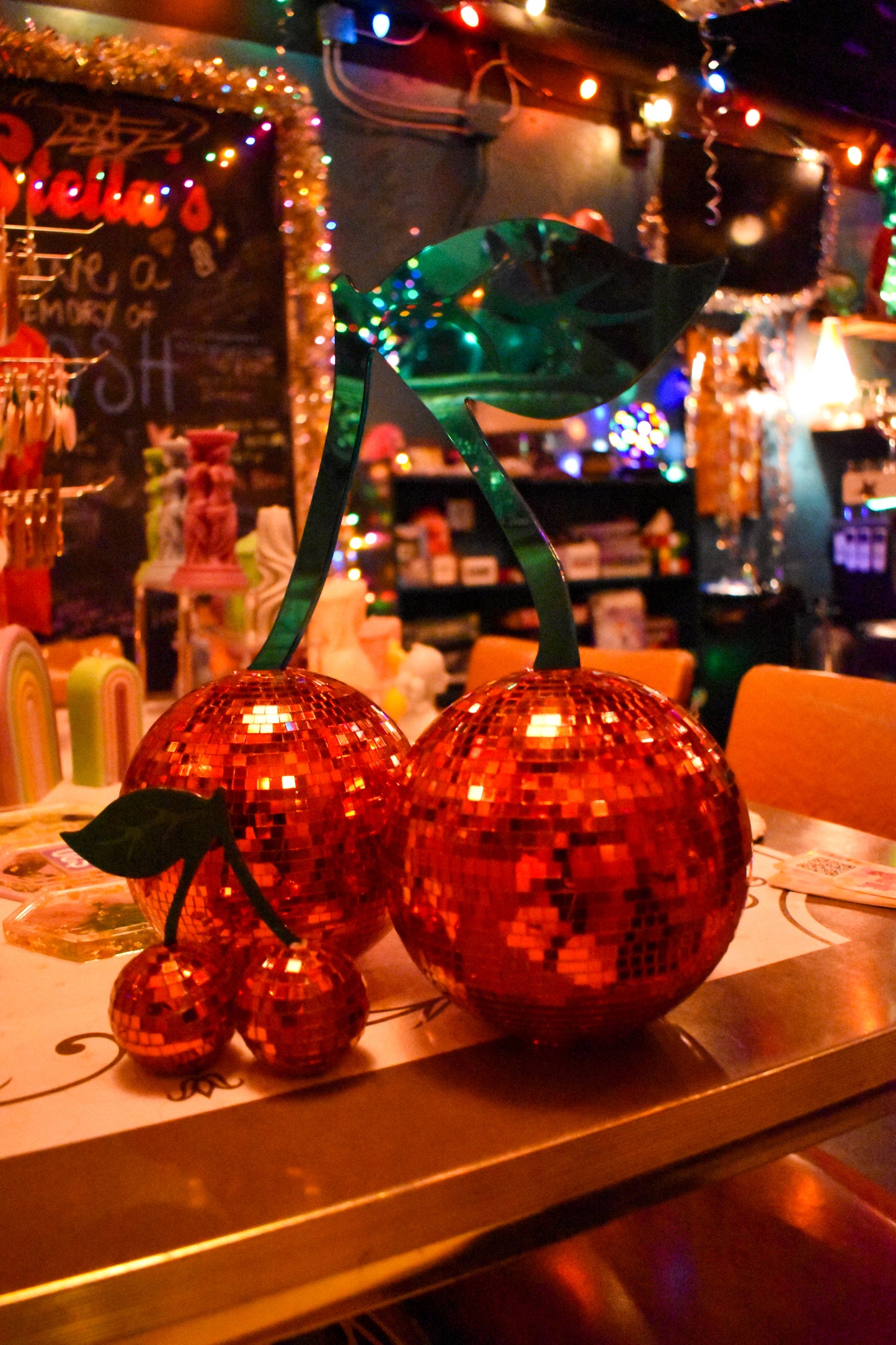 Large Disco Cherry with Mirror Stem and Leaf