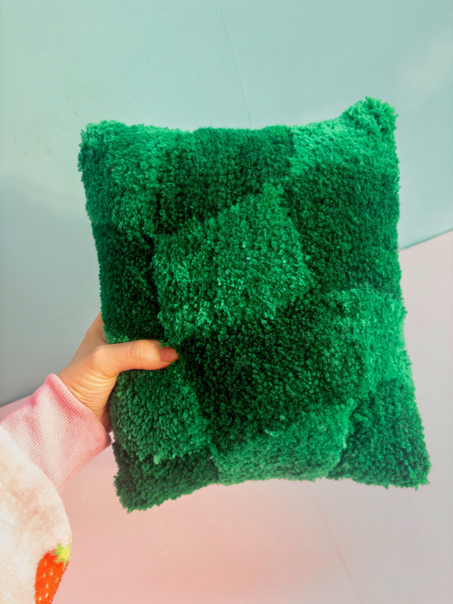 Tufted Green Check Decorative Pillow